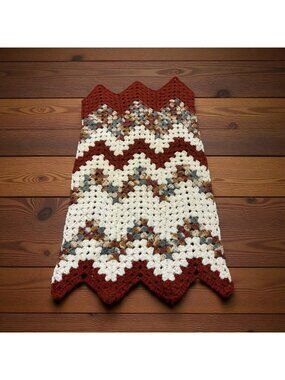 Vintage Crocheted Table Runner Or Wall Hanging Decor Autumn Fall Brown Red White